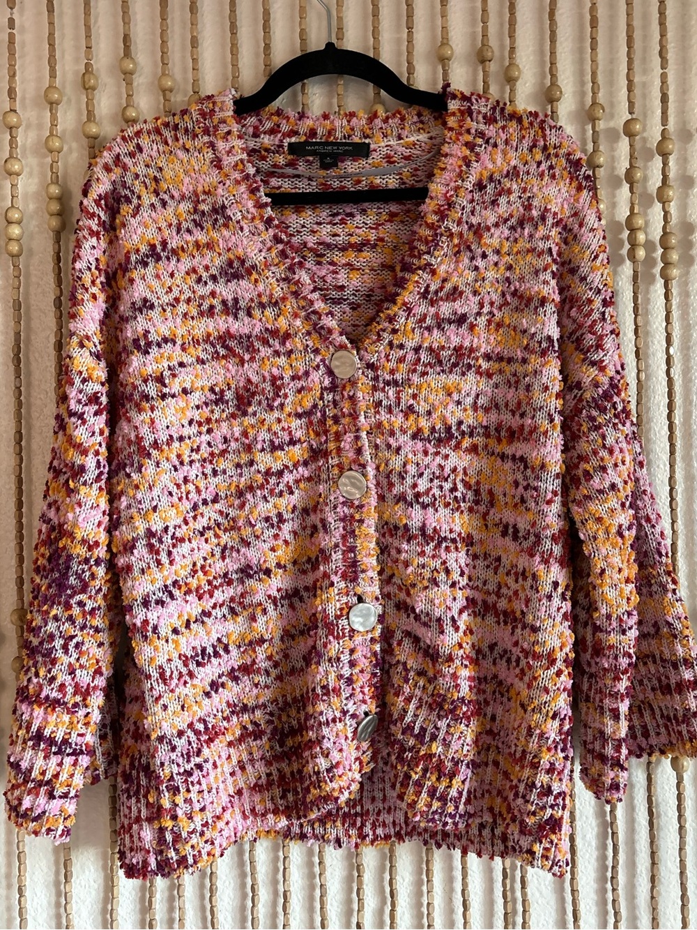 Marled Knit Bright Pink Orange Dopamine Boho Glam Button Down Soft Cardigan Sm